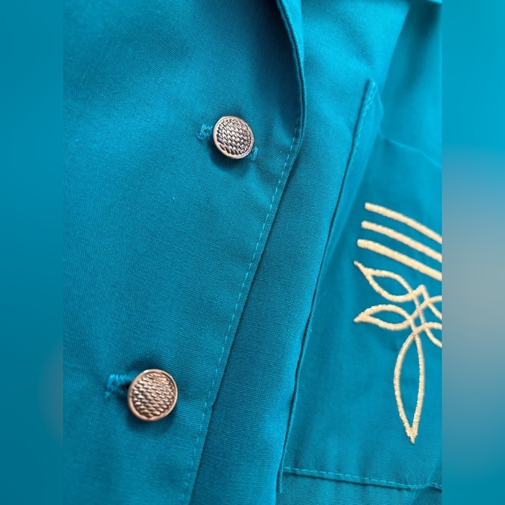 Vtg The American Shirt Dress Womens 8 Midi Belted Teal w/Gold Embroidery Buttons - Picture 13 of 14